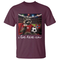 Norway Soccer Football Fan Norge Norwegian Flag T Shirt Funny Raccoon Drinking Iced Coffee
