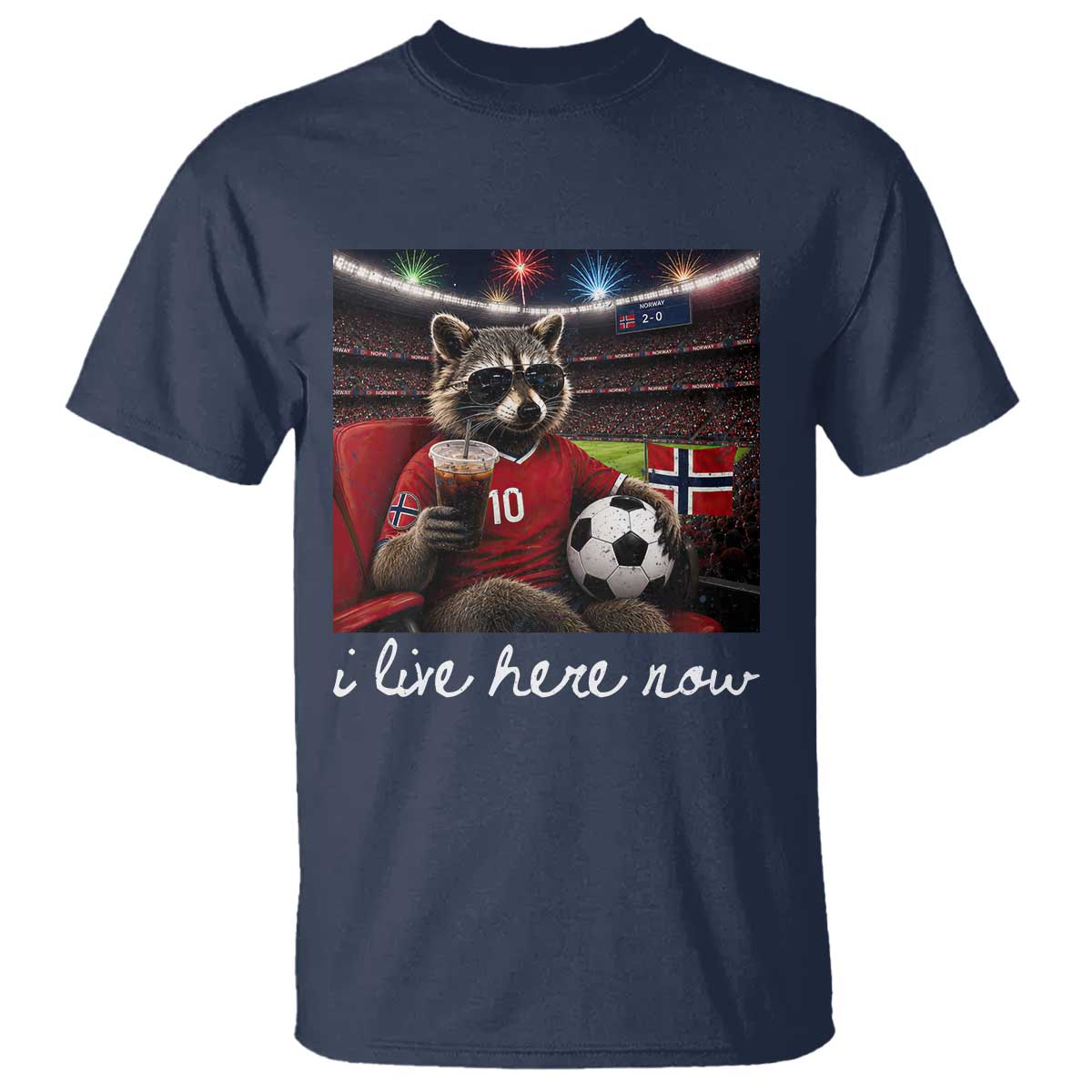 Norway Soccer Football Fan Norge Norwegian Flag T Shirt Funny Raccoon Drinking Iced Coffee