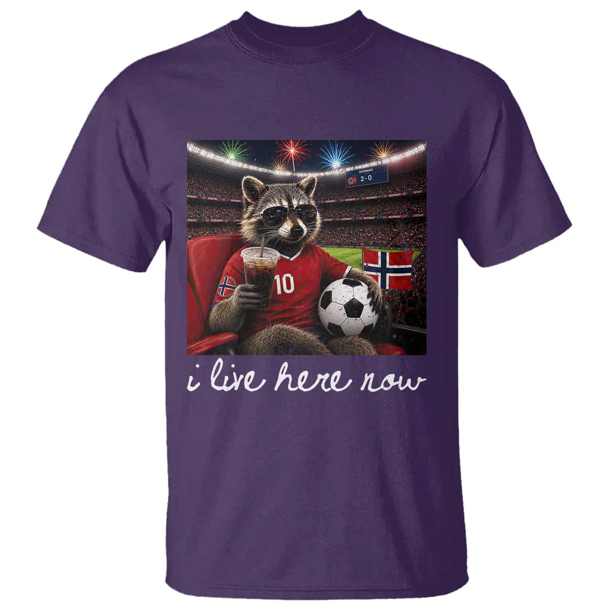 Norway Soccer Football Fan Norge Norwegian Flag T Shirt Funny Raccoon Drinking Iced Coffee