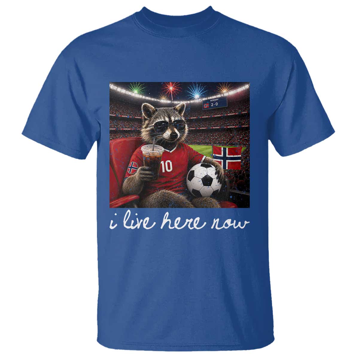 Norway Soccer Football Fan Norge Norwegian Flag T Shirt Funny Raccoon Drinking Iced Coffee
