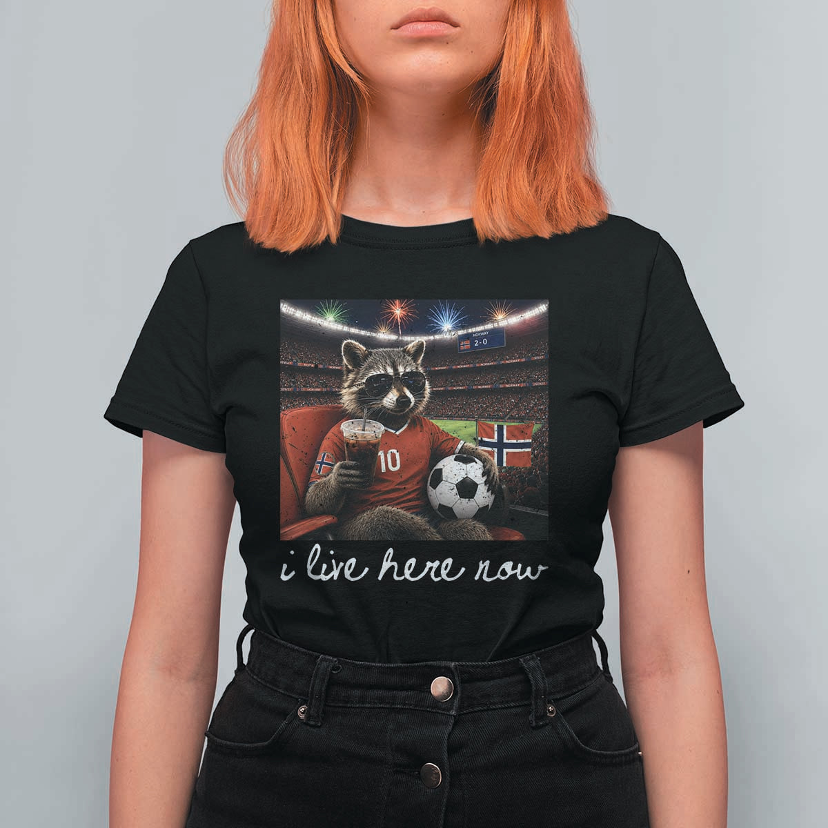Norway Soccer Football Fan Norge Norwegian Flag T Shirt For Women Funny Raccoon Drinking Iced Coffee