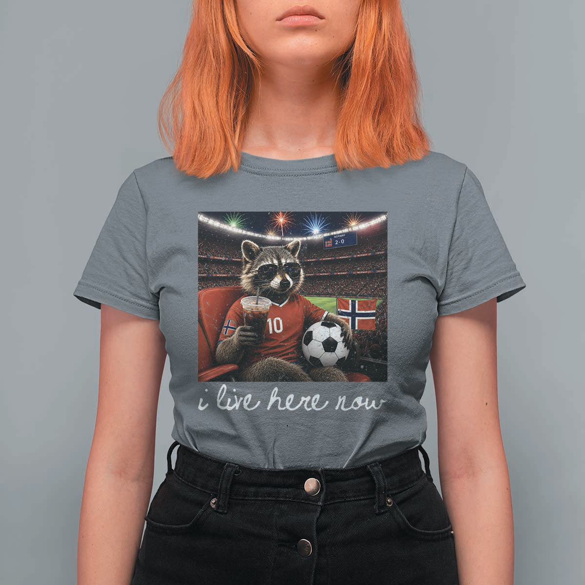 Norway Soccer Football Fan Norge Norwegian Flag T Shirt For Women Funny Raccoon Drinking Iced Coffee
