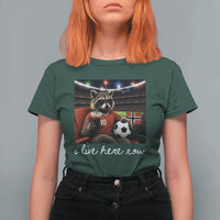 Norway Soccer Football Fan Norge Norwegian Flag T Shirt For Women Funny Raccoon Drinking Iced Coffee