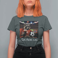 Norway Soccer Football Fan Norge Norwegian Flag T Shirt For Women Funny Raccoon Drinking Iced Coffee