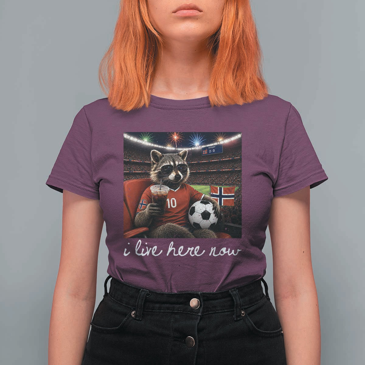 Norway Soccer Football Fan Norge Norwegian Flag T Shirt For Women Funny Raccoon Drinking Iced Coffee