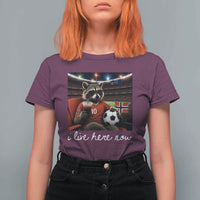 Norway Soccer Football Fan Norge Norwegian Flag T Shirt For Women Funny Raccoon Drinking Iced Coffee