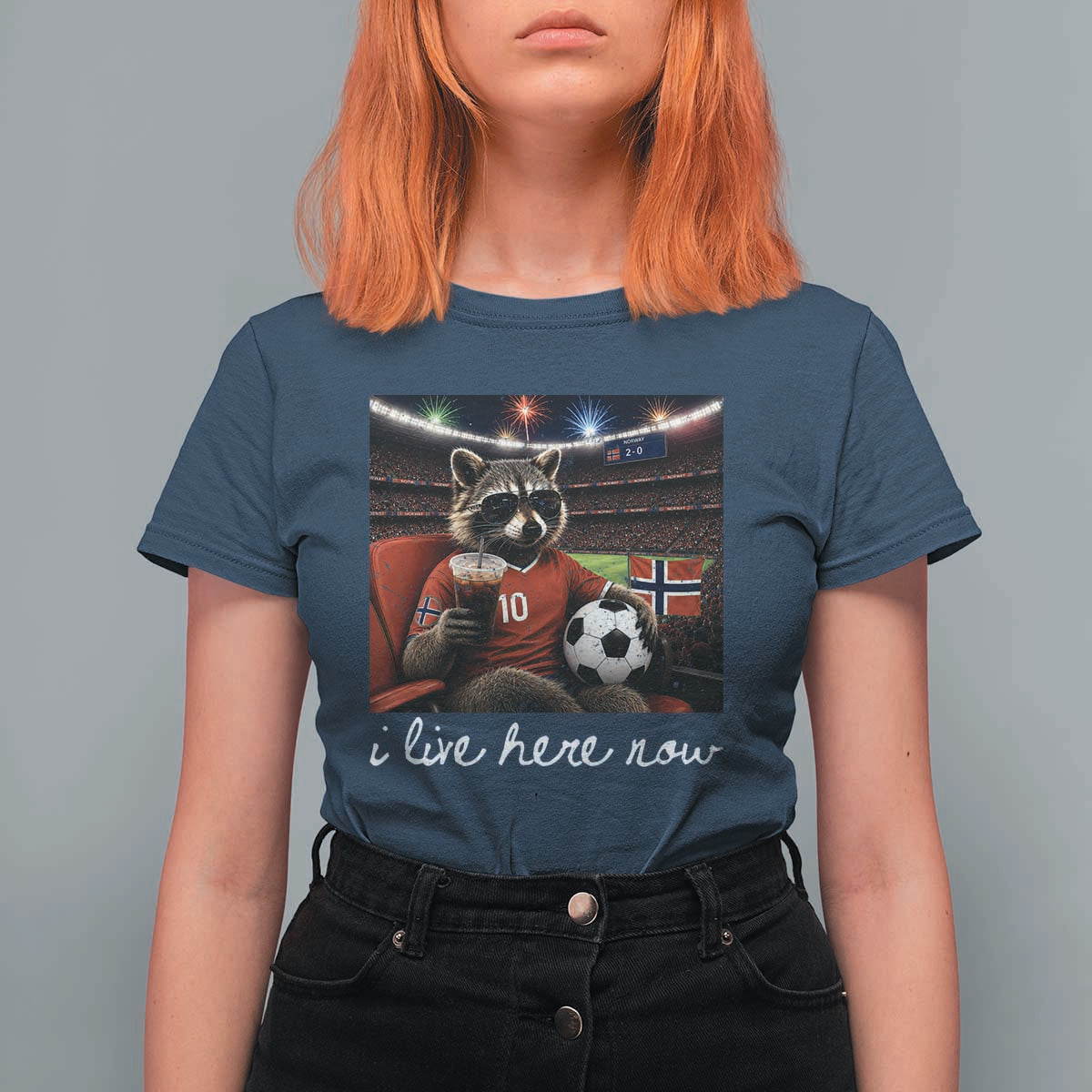Norway Soccer Football Fan Norge Norwegian Flag T Shirt For Women Funny Raccoon Drinking Iced Coffee
