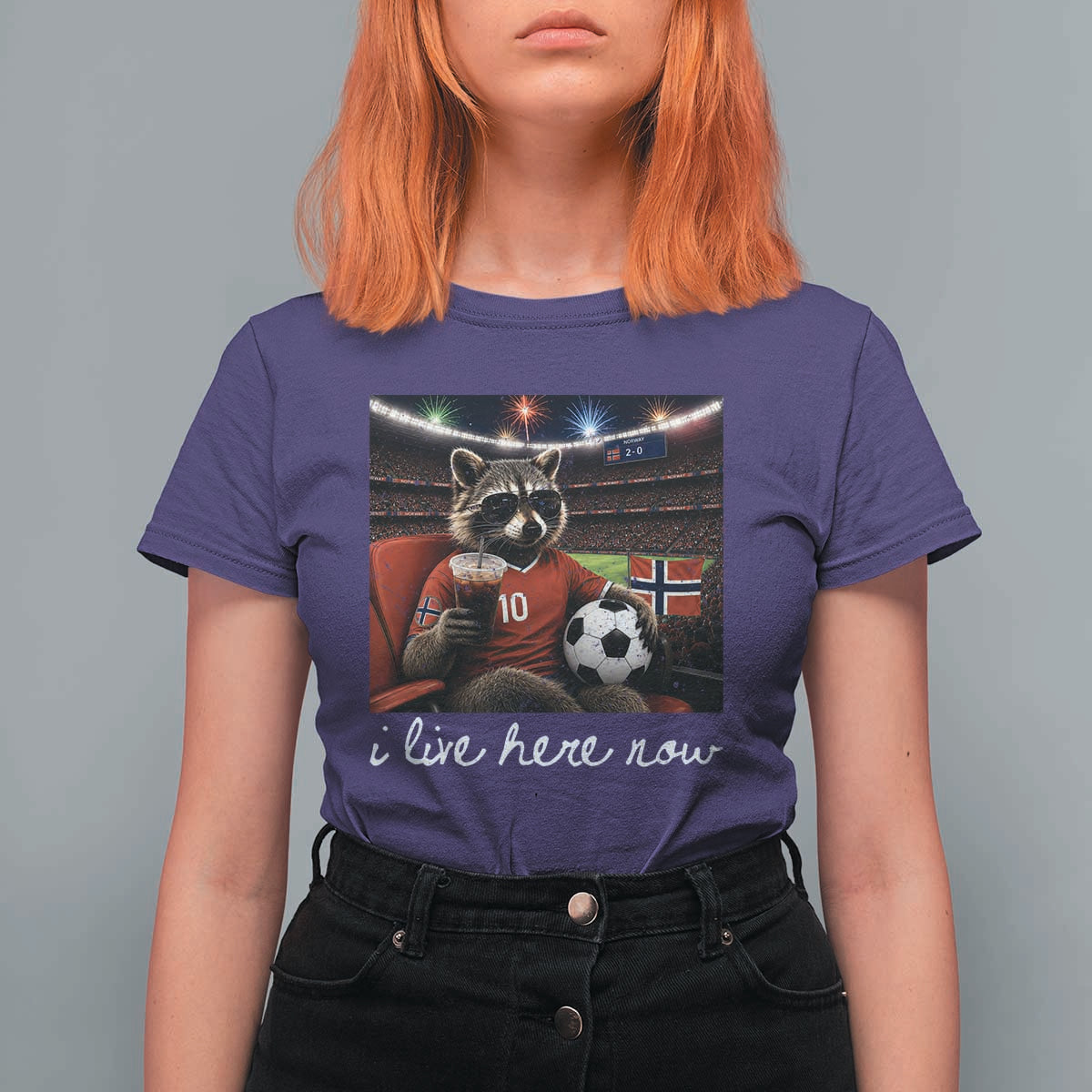 Norway Soccer Football Fan Norge Norwegian Flag T Shirt For Women Funny Raccoon Drinking Iced Coffee
