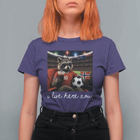 Norway Soccer Football Fan Norge Norwegian Flag T Shirt For Women Funny Raccoon Drinking Iced Coffee
