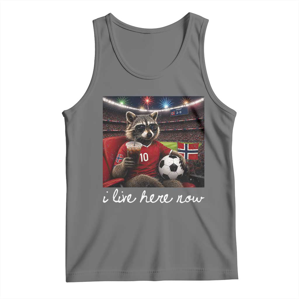Norway Soccer Football Fan Norge Norwegian Flag Tank Top Funny Raccoon Drinking Iced Coffee