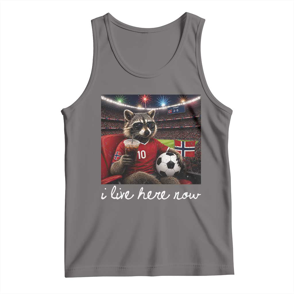 Norway Soccer Football Fan Norge Norwegian Flag Tank Top Funny Raccoon Drinking Iced Coffee