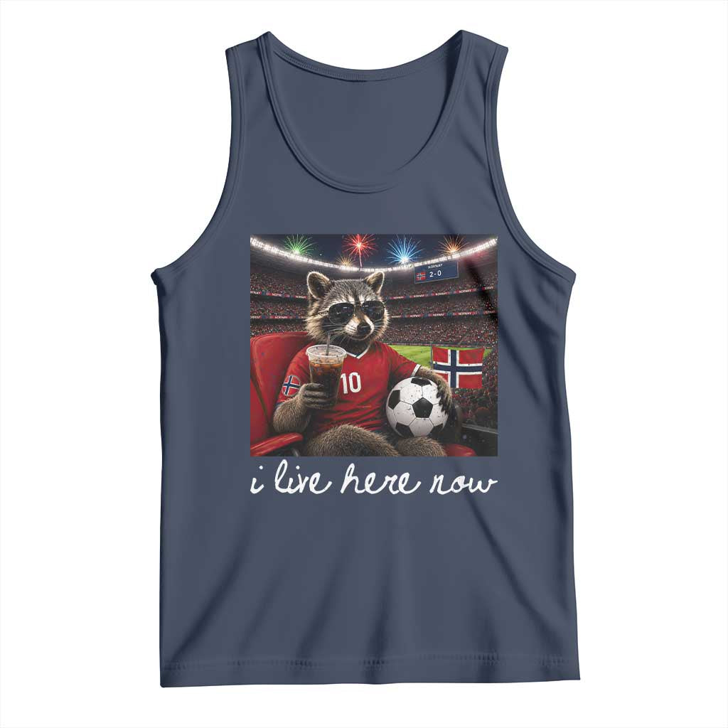 Norway Soccer Football Fan Norge Norwegian Flag Tank Top Funny Raccoon Drinking Iced Coffee