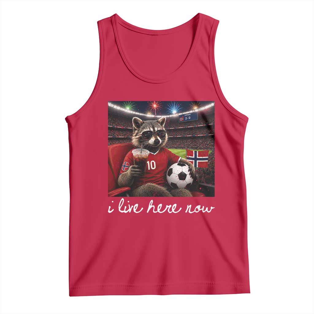 Norway Soccer Football Fan Norge Norwegian Flag Tank Top Funny Raccoon Drinking Iced Coffee