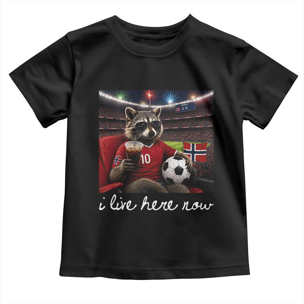 Norway Soccer Football Fan Norge Norwegian Flag Toddler T Shirt Funny Raccoon Drinking Iced Coffee