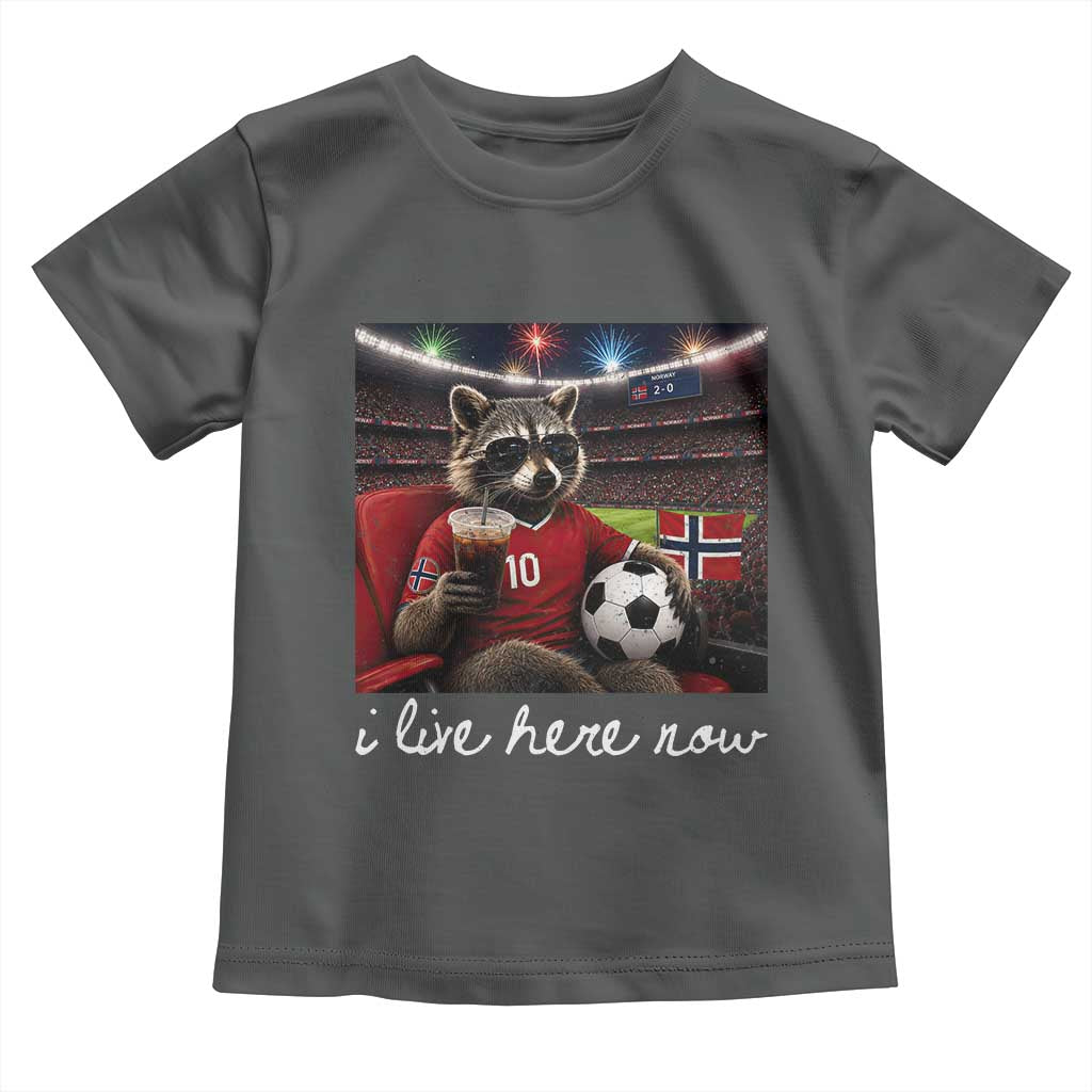 Norway Soccer Football Fan Norge Norwegian Flag Toddler T Shirt Funny Raccoon Drinking Iced Coffee