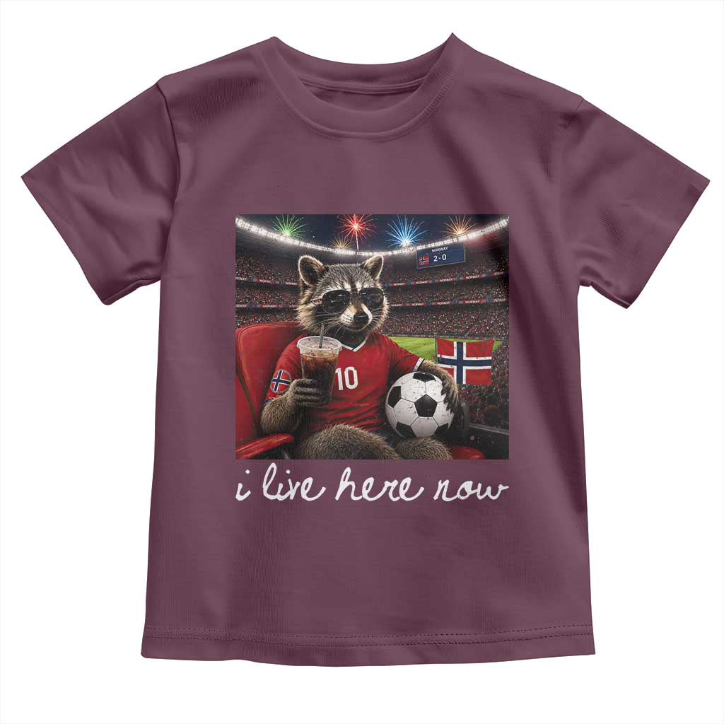 Norway Soccer Football Fan Norge Norwegian Flag Toddler T Shirt Funny Raccoon Drinking Iced Coffee