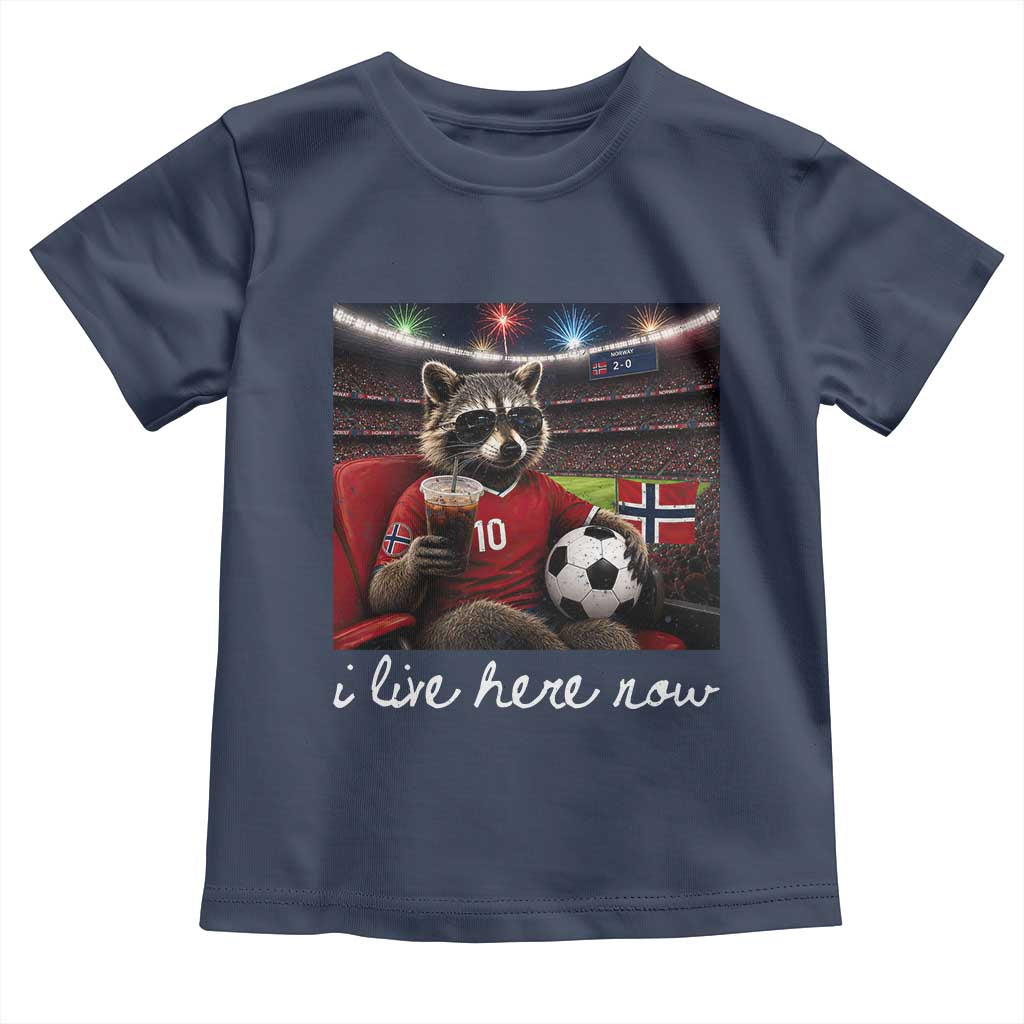 Norway Soccer Football Fan Norge Norwegian Flag Toddler T Shirt Funny Raccoon Drinking Iced Coffee