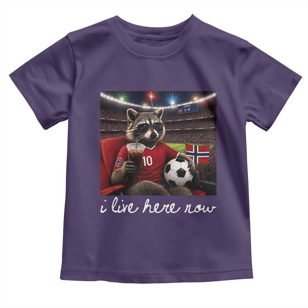Norway Soccer Football Fan Norge Norwegian Flag Toddler T Shirt Funny Raccoon Drinking Iced Coffee