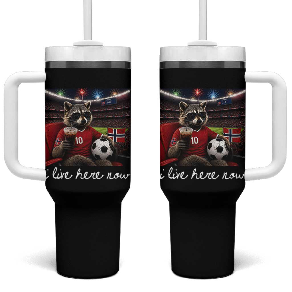 Norway Soccer Football Fan Norge Norwegian Flag Tumbler With Handle Funny Raccoon Drinking Iced Coffee