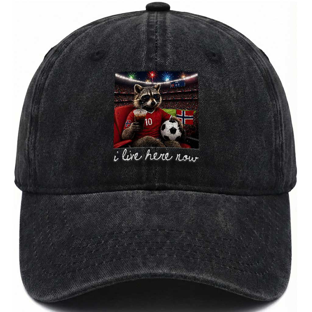 Norway Soccer Football Fan Norge Norwegian Flag Washed Cotton Baseball Cap Funny Raccoon Drinking Iced Coffee