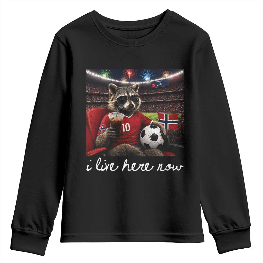 Norway Soccer Football Fan Norge Norwegian Flag Youth Sweatshirt Funny Raccoon Drinking Iced Coffee