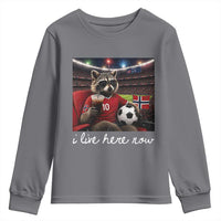 Norway Soccer Football Fan Norge Norwegian Flag Youth Sweatshirt Funny Raccoon Drinking Iced Coffee