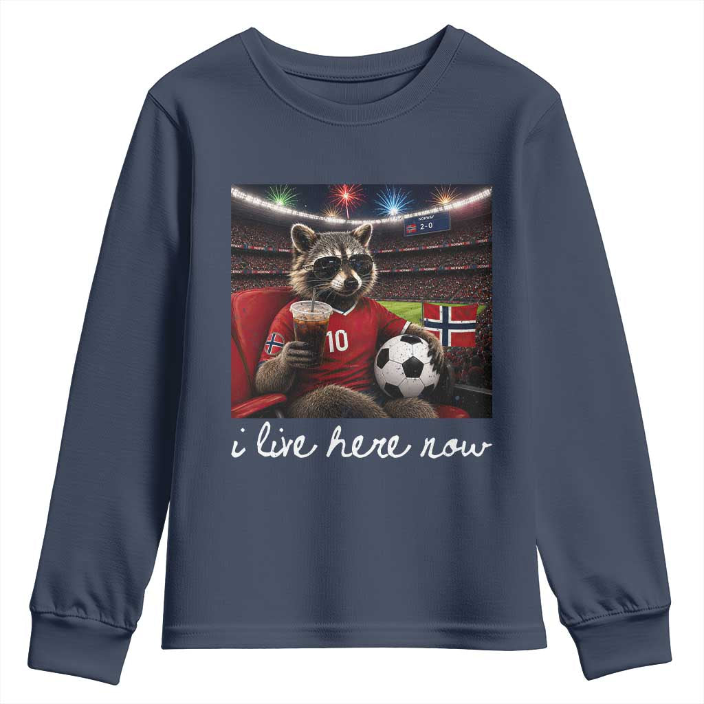 Norway Soccer Football Fan Norge Norwegian Flag Youth Sweatshirt Funny Raccoon Drinking Iced Coffee