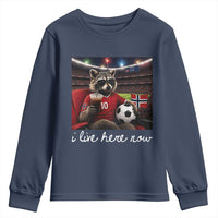 Norway Soccer Football Fan Norge Norwegian Flag Youth Sweatshirt Funny Raccoon Drinking Iced Coffee