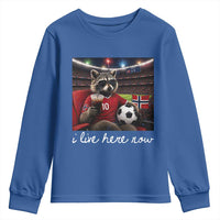 Norway Soccer Football Fan Norge Norwegian Flag Youth Sweatshirt Funny Raccoon Drinking Iced Coffee