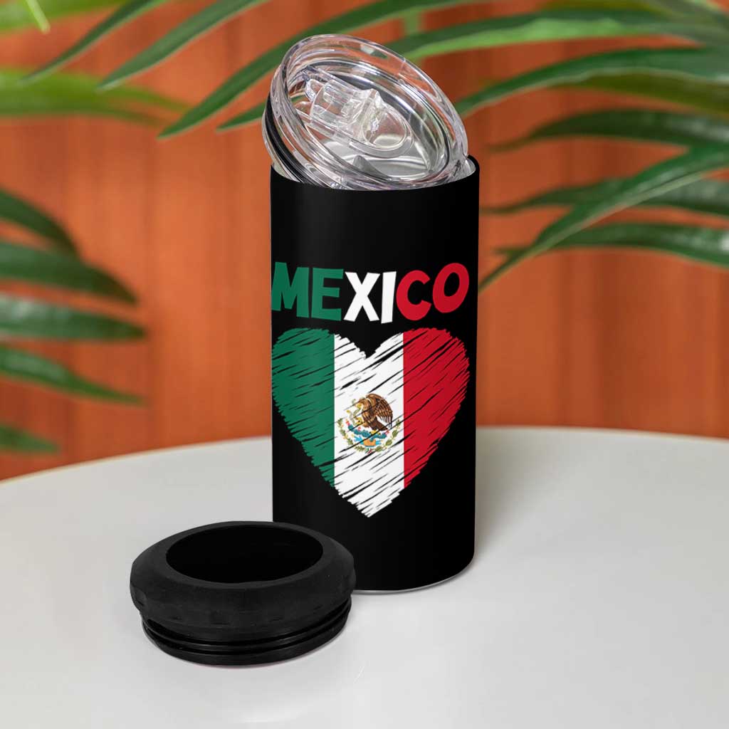 Mexican Flag Heart Mexico City Independence Day Gift 4 in 1 Can Cooler Tumbler
