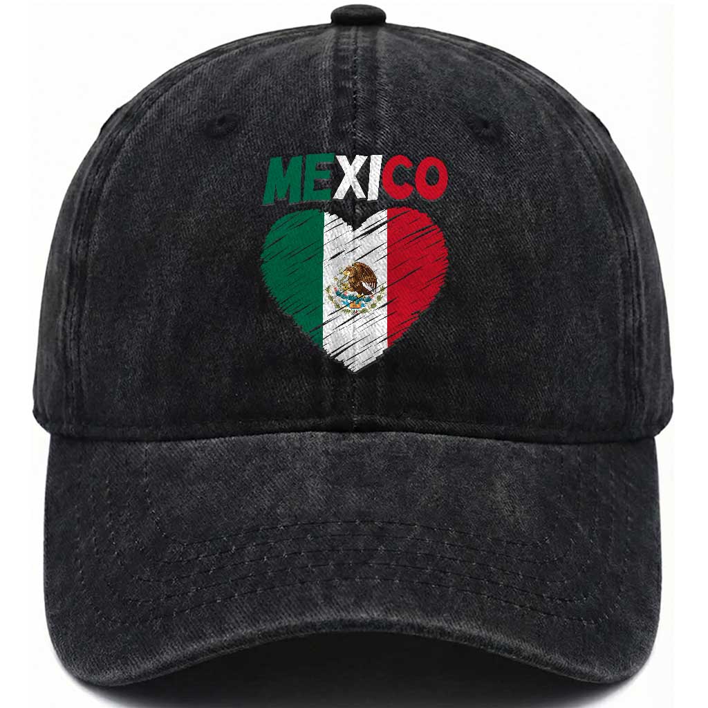 Mexican Flag Heart Mexico City Independence Day Gift Washed Cotton Baseball Cap