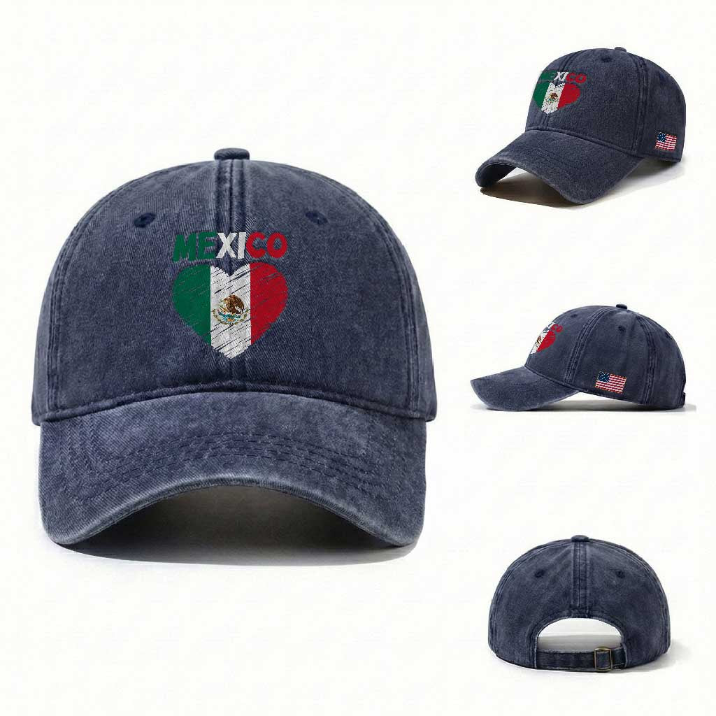 Mexican Flag Heart Mexico City Independence Day Gift Washed Cotton Baseball Cap
