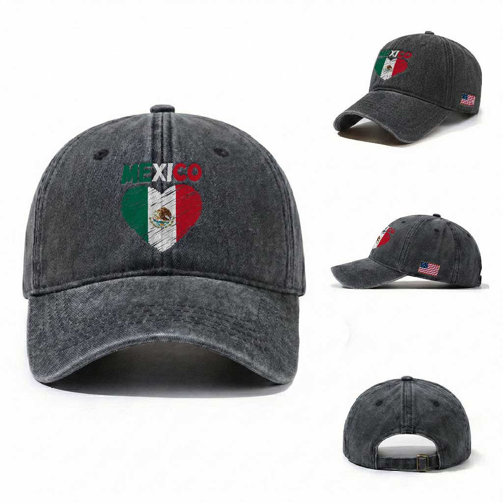 Mexican Flag Heart Mexico City Independence Day Gift Washed Cotton Baseball Cap
