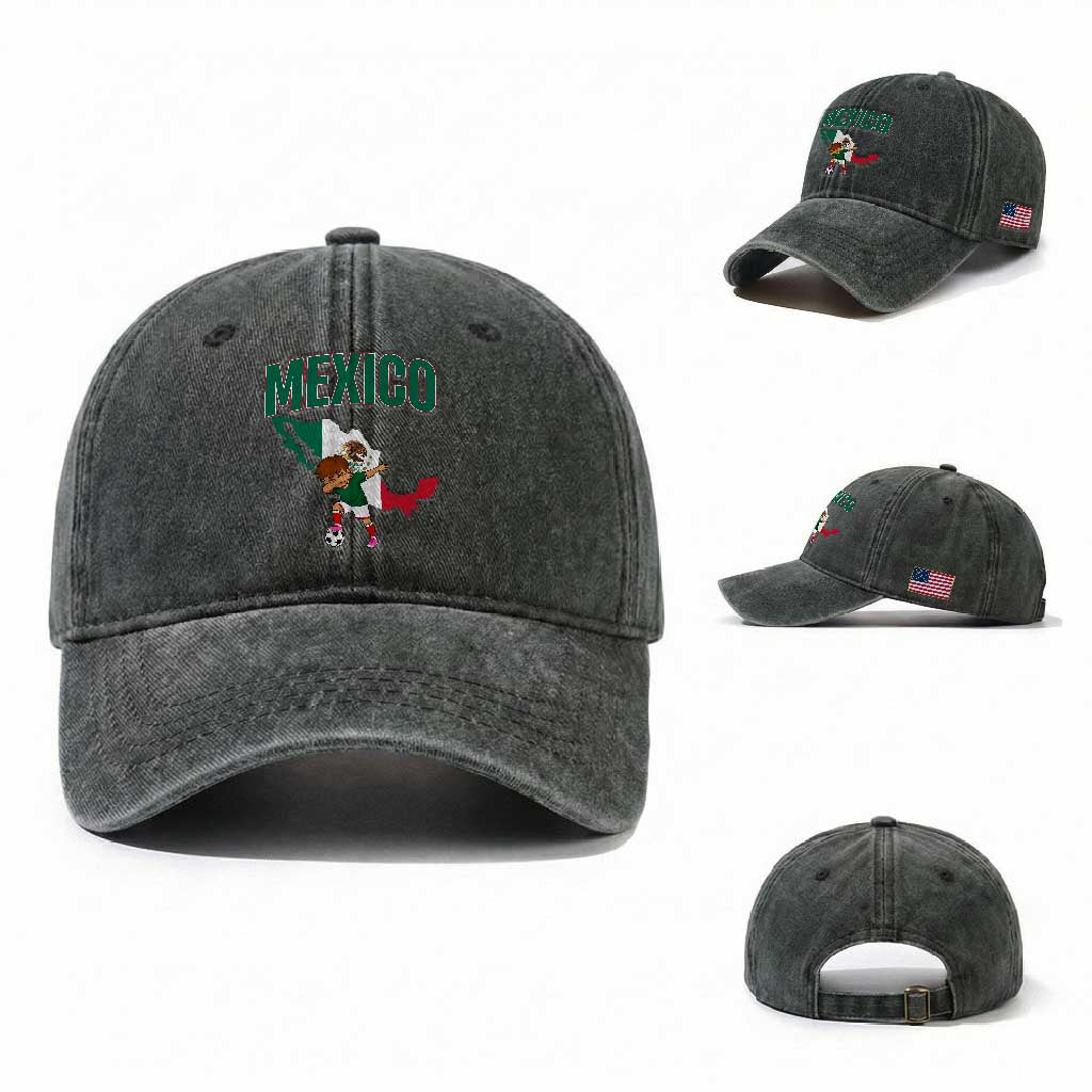 Mexico Soccer Boy Dabbing Boy Mexican Flag Map Washed Cotton Baseball Cap