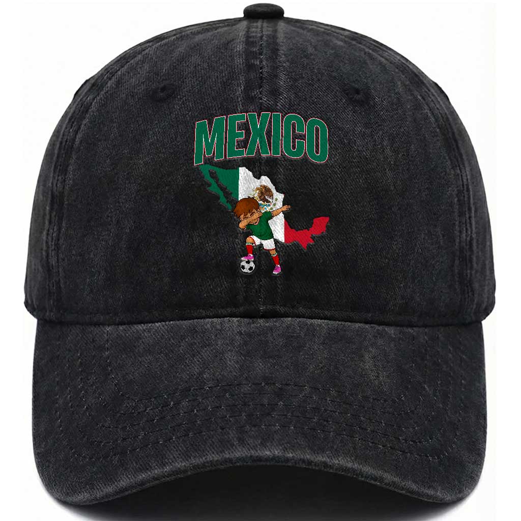 Mexico Soccer Boy Dabbing Boy Mexican Flag Map Washed Cotton Baseball Cap