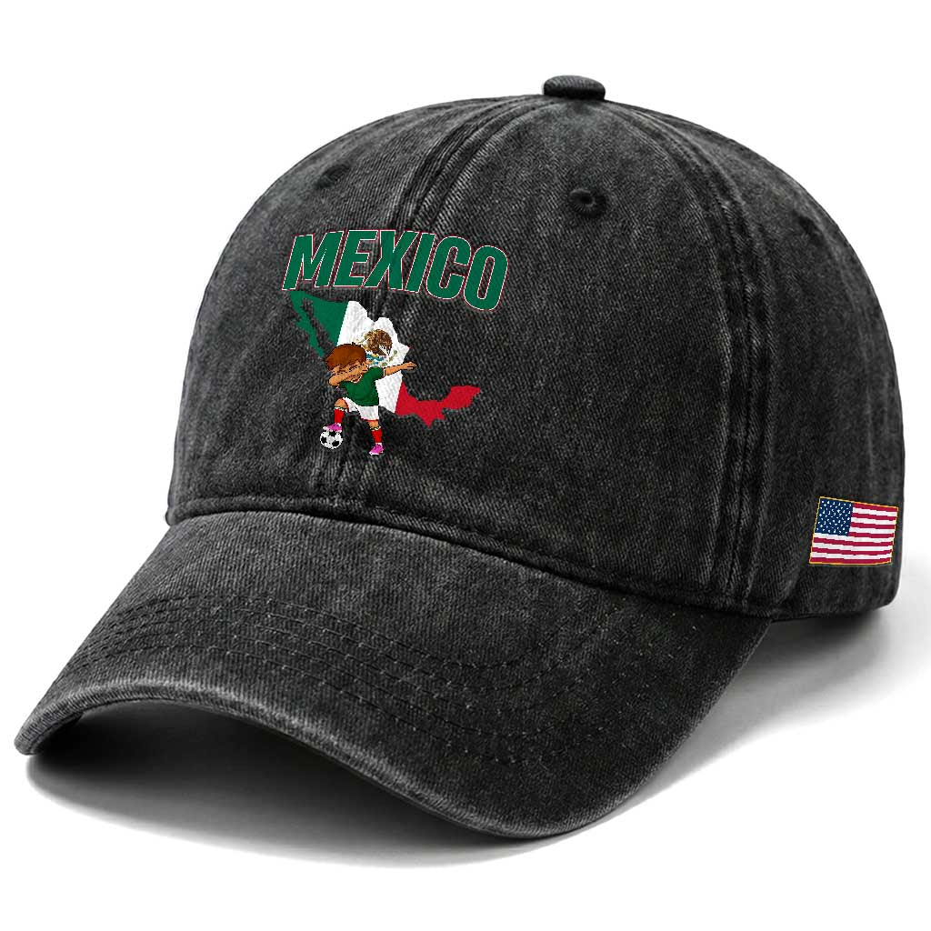 Mexico Soccer Boy Dabbing Boy Mexican Flag Map Washed Cotton Baseball Cap