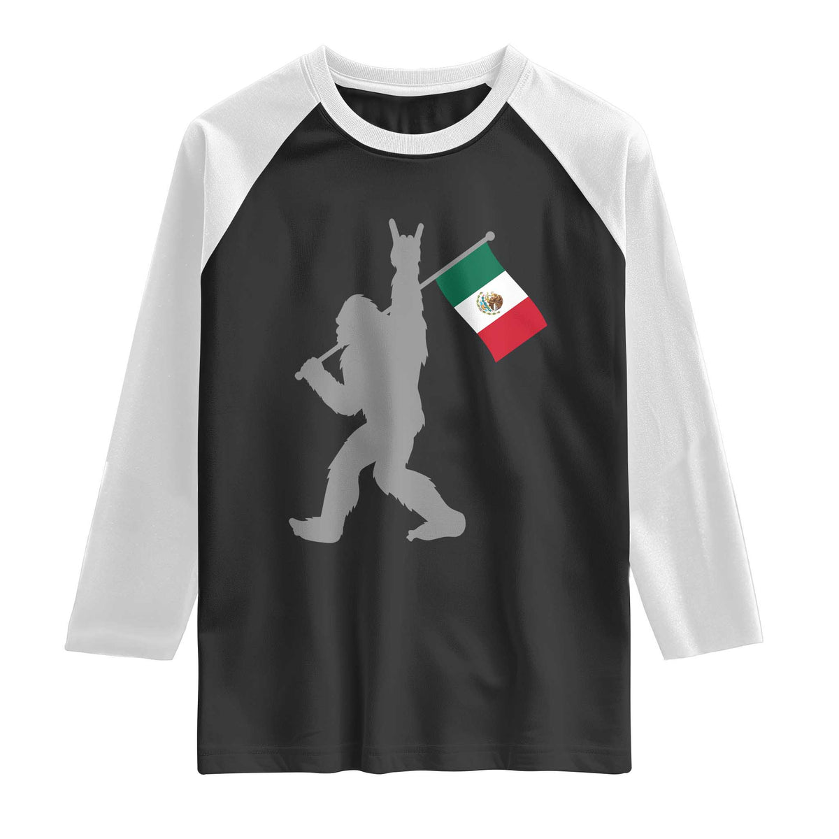 Bigfoot Rock On Hold Mexico Flag Sasquatch Believers Raglan Shirt