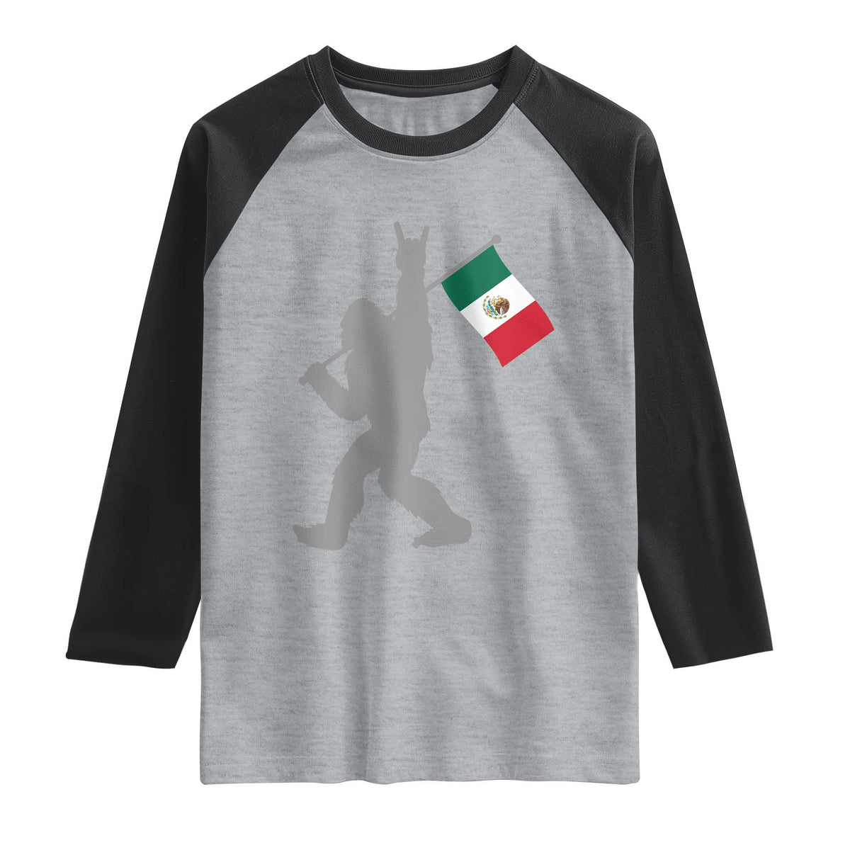 Bigfoot Rock On Hold Mexico Flag Sasquatch Believers Raglan Shirt