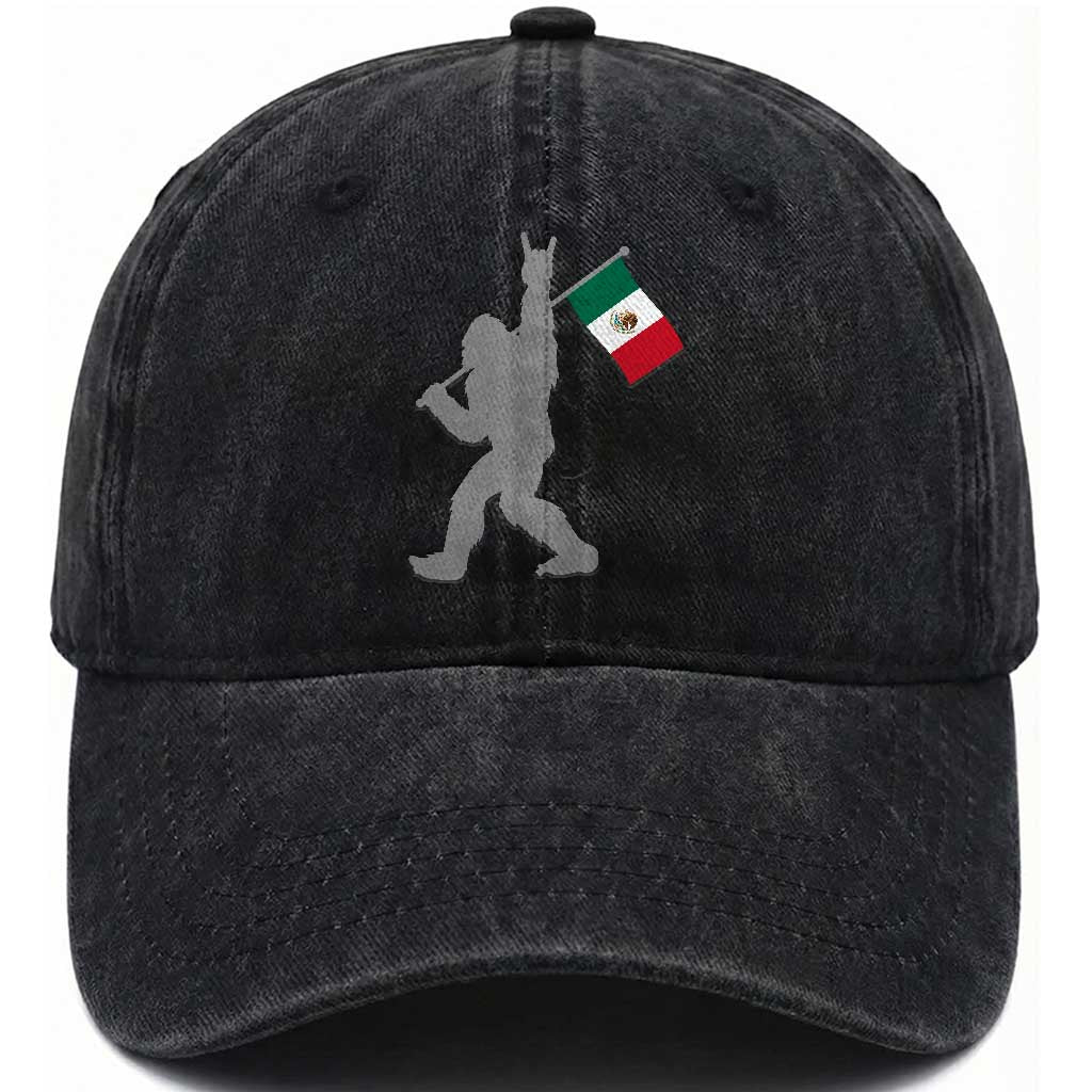 Bigfoot Rock On Hold Mexico Flag Sasquatch Believers Washed Cotton Baseball Cap