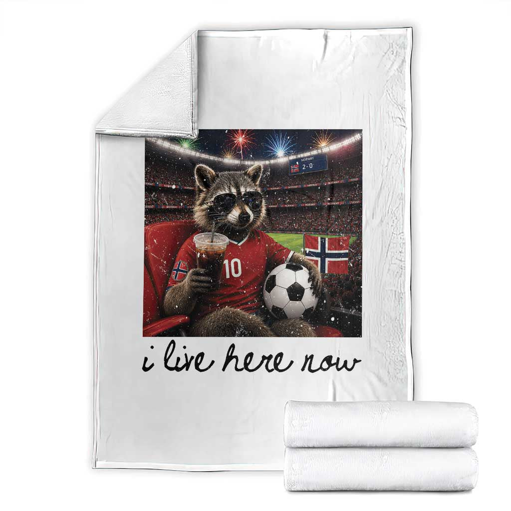 Norway Soccer Football Fan Norge Norwegian Flag Throw Blanket Funny Raccoon I Live Here Now