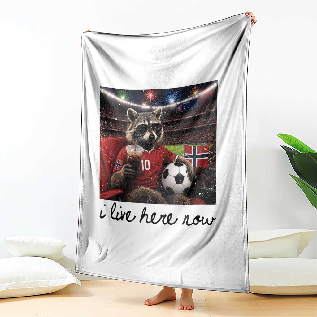 Norway Soccer Football Fan Norge Norwegian Flag Throw Blanket Funny Raccoon I Live Here Now