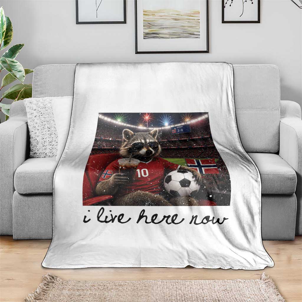Norway Soccer Football Fan Norge Norwegian Flag Throw Blanket Funny Raccoon I Live Here Now
