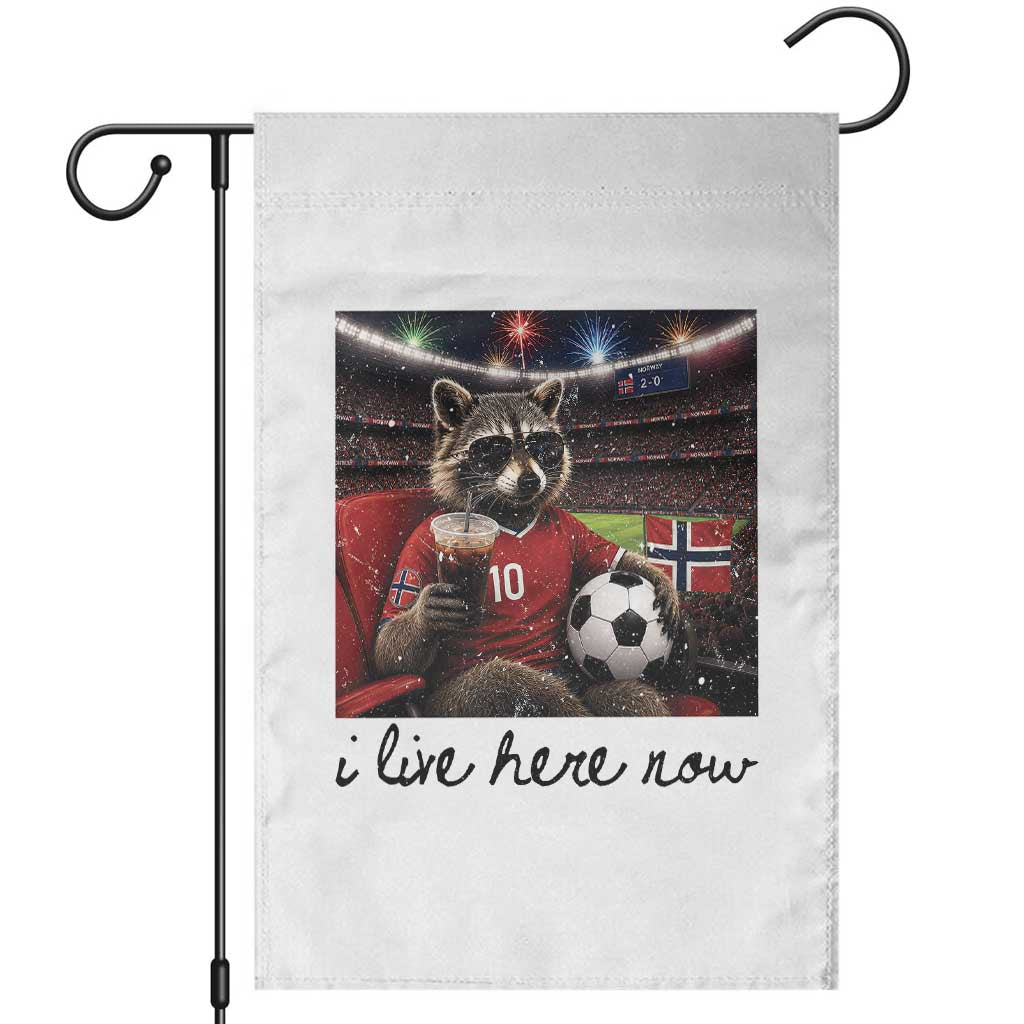 Norway Soccer Football Fan Norge Norwegian Flag Garden Flag Funny Raccoon I Live Here Now