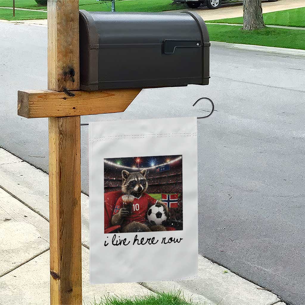 Norway Soccer Football Fan Norge Norwegian Flag Garden Flag Funny Raccoon I Live Here Now