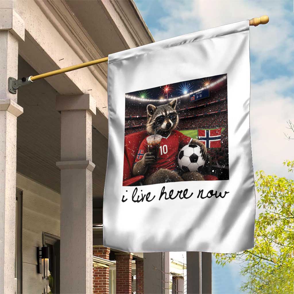 Norway Soccer Football Fan Norge Norwegian Flag Garden Flag Funny Raccoon I Live Here Now