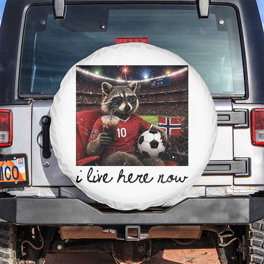 Norway Soccer Football Fan Norge Norwegian Flag Spare Tire Cover Funny Raccoon I Live Here Now