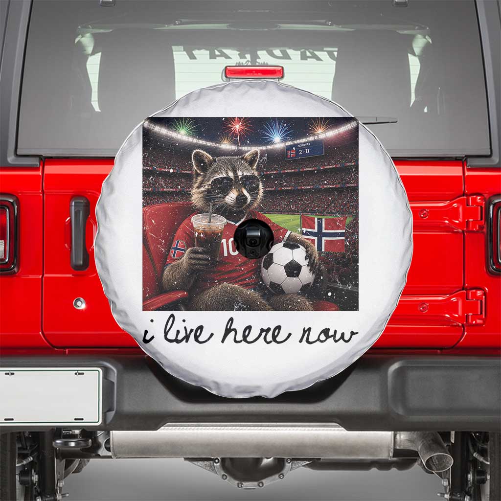Norway Soccer Football Fan Norge Norwegian Flag Spare Tire Cover Funny Raccoon I Live Here Now