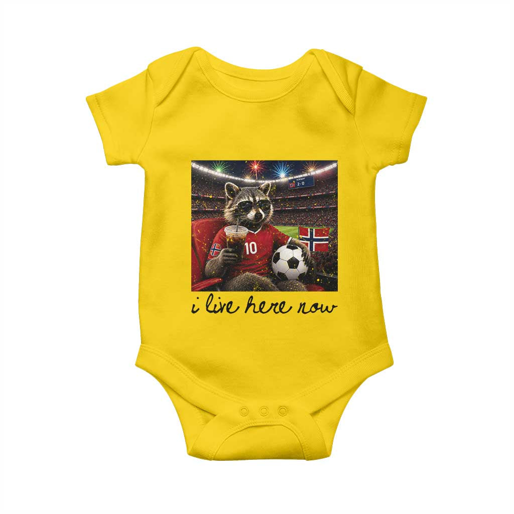 Norway Soccer Football Fan Norge Norwegian Flag Baby Onesie Funny Raccoon I Live Here Now