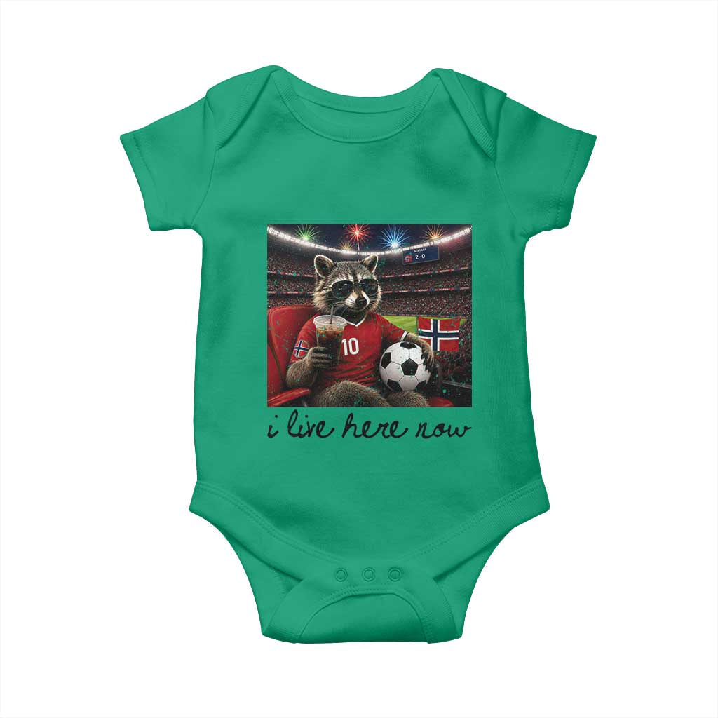 Norway Soccer Football Fan Norge Norwegian Flag Baby Onesie Funny Raccoon I Live Here Now