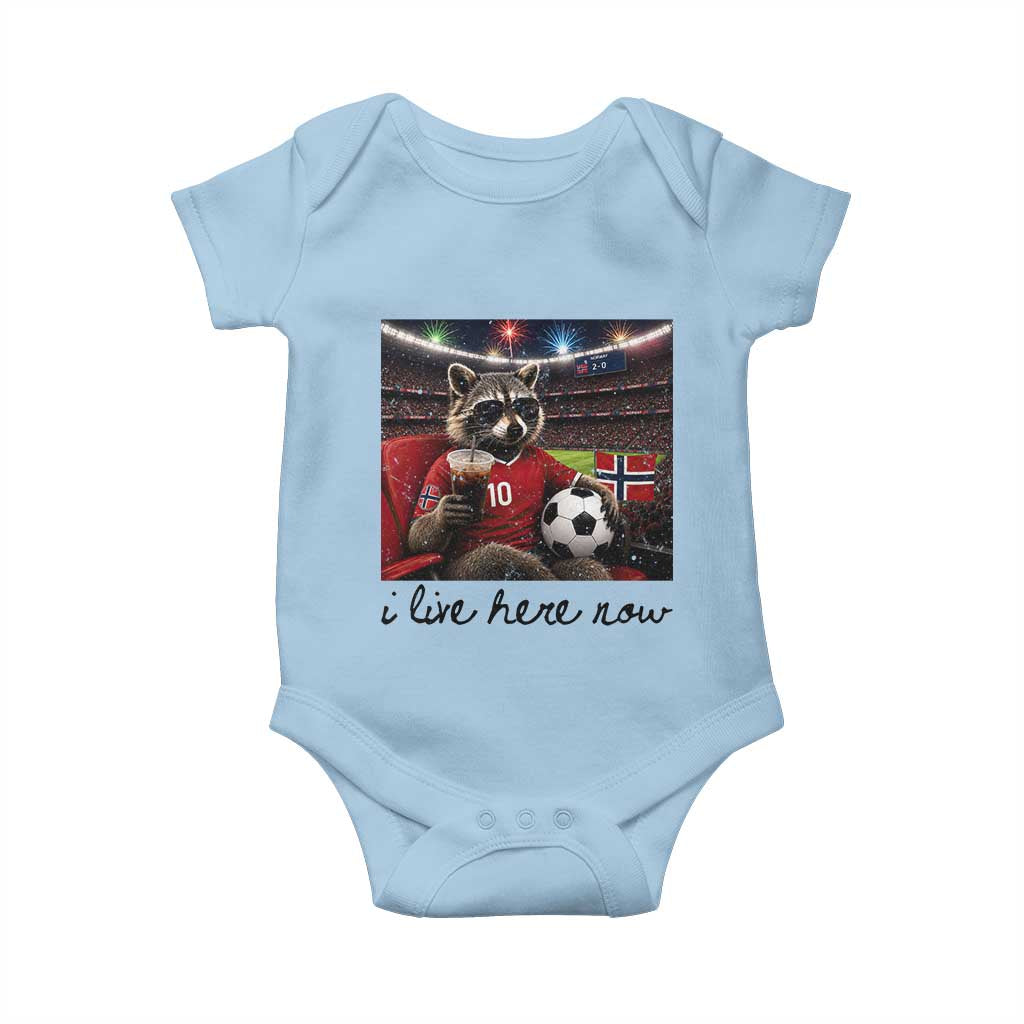 Norway Soccer Football Fan Norge Norwegian Flag Baby Onesie Funny Raccoon I Live Here Now